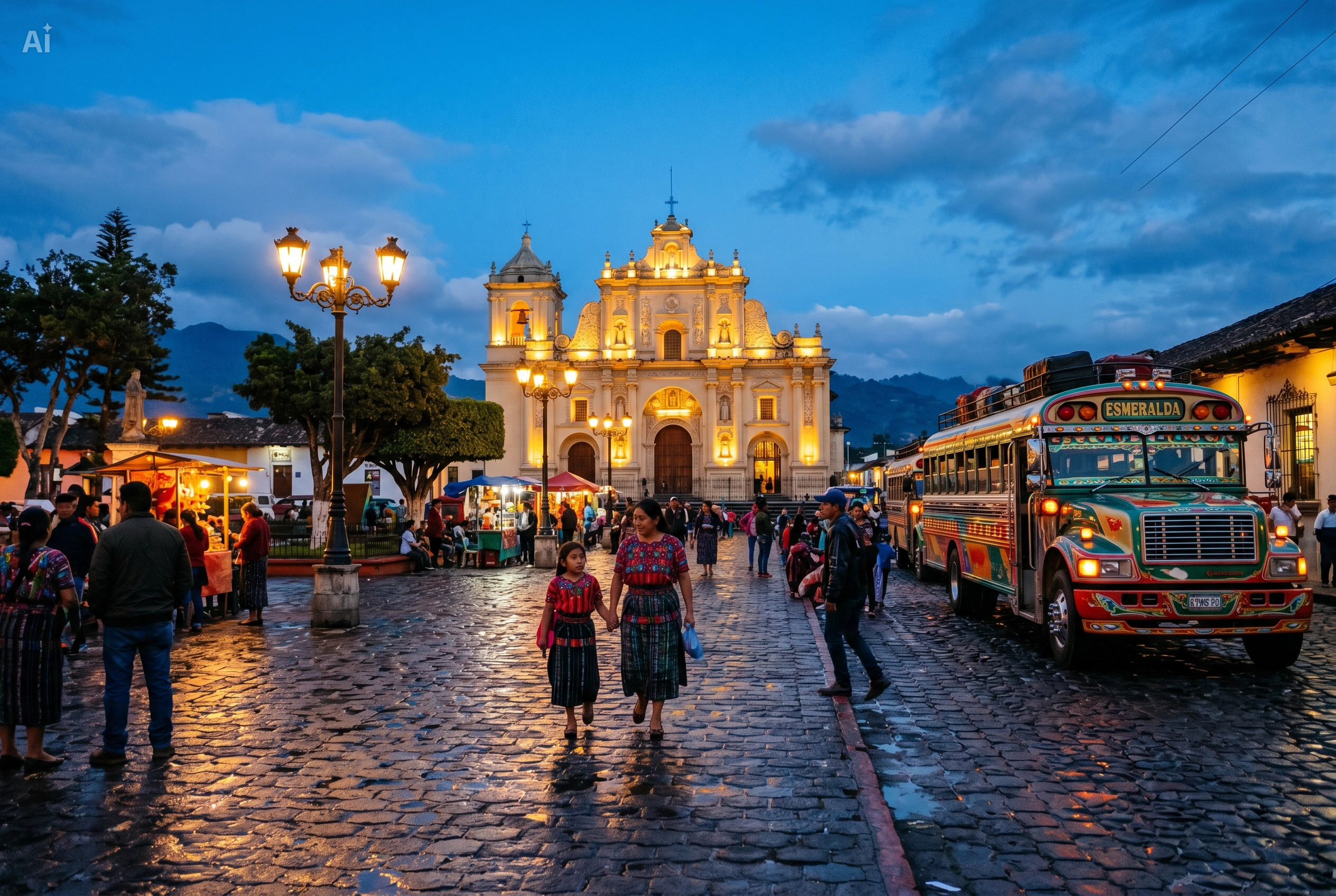 Street scene in Jocotenango, a charming town near Antigua Guatemala with colorful buildings and mountain views